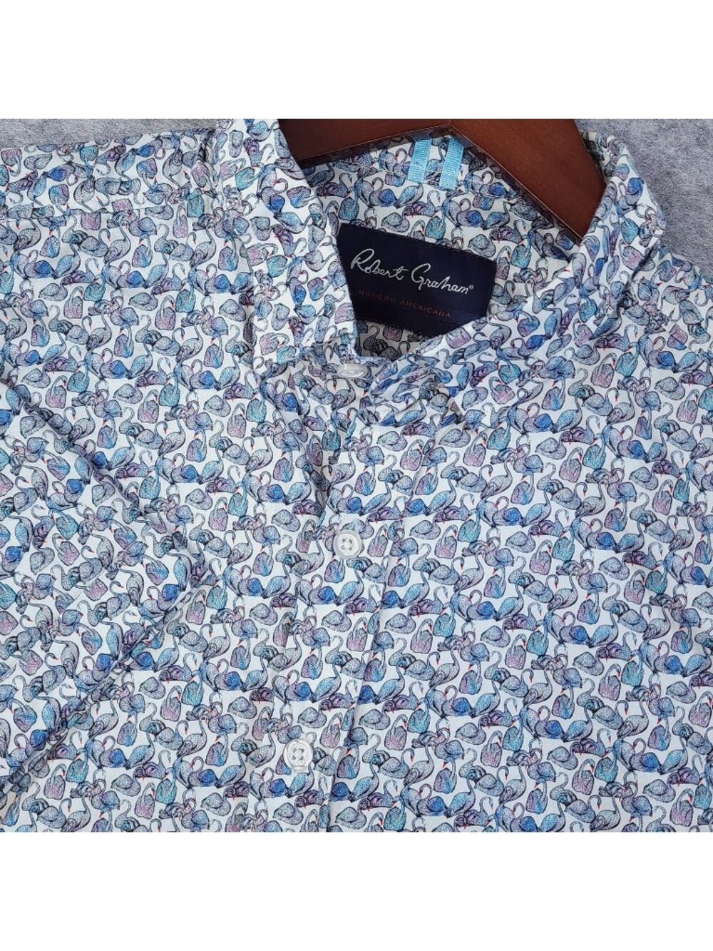 Robert Graham Short Sleeve Shirt Mens Large Tailored Fit Blue Swan Print